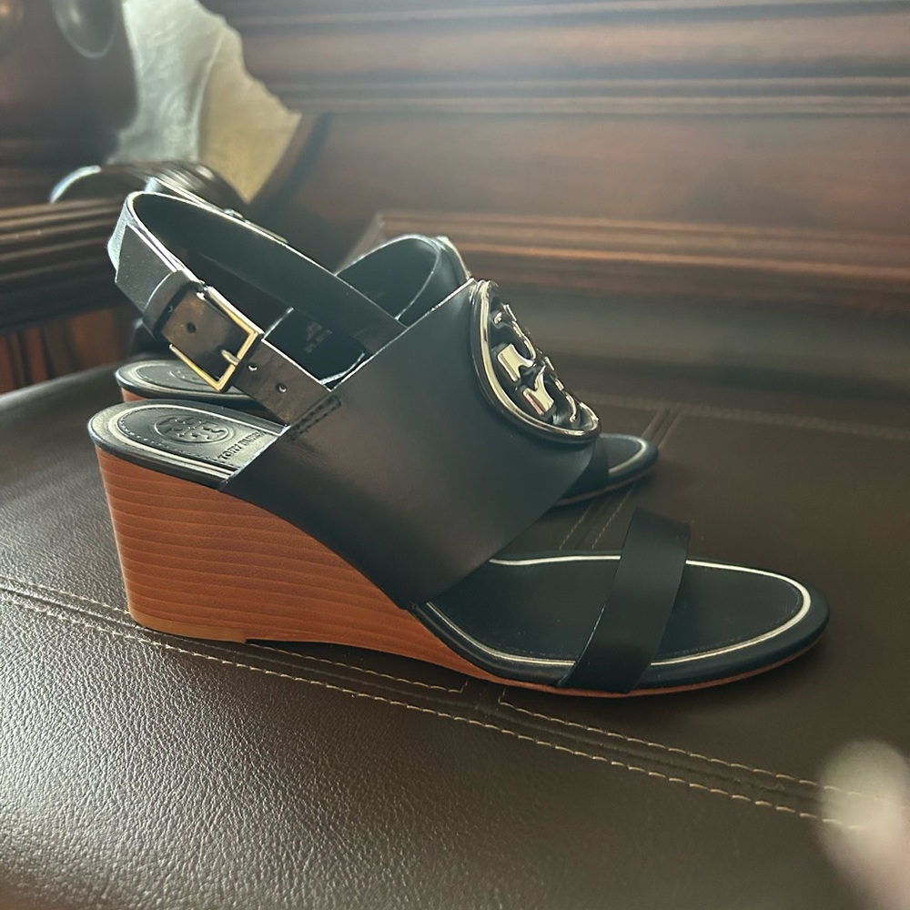 Tory Burch Black and Tan Wedge Sandals